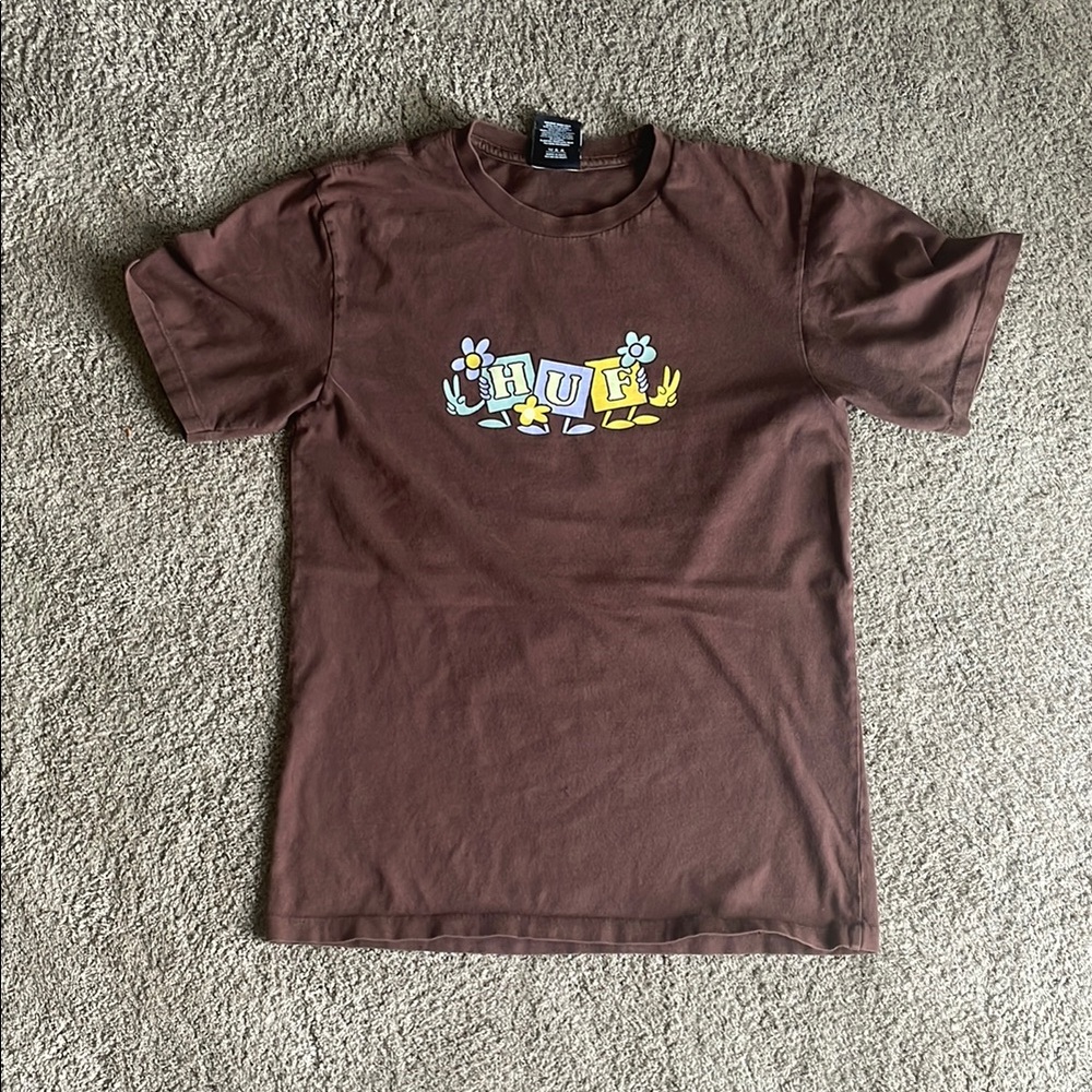 HUF Brown Short Sleeve Tee with Yellow & White Floral Logo